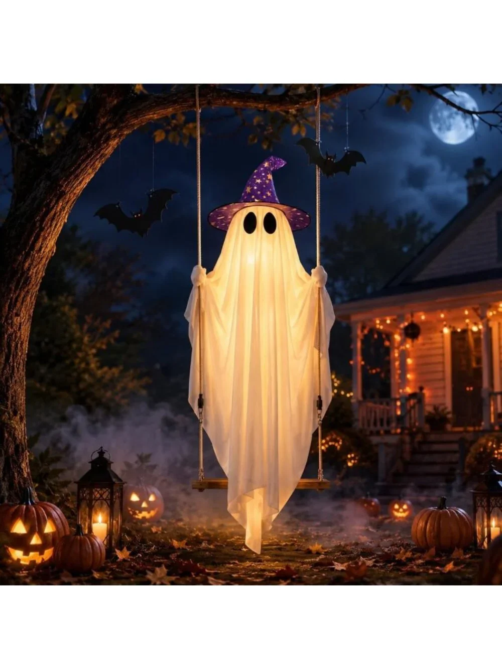 11 FT Light-Up Swinging Ghost Decor with Bat & Hat - Outdoor Halloween Yard